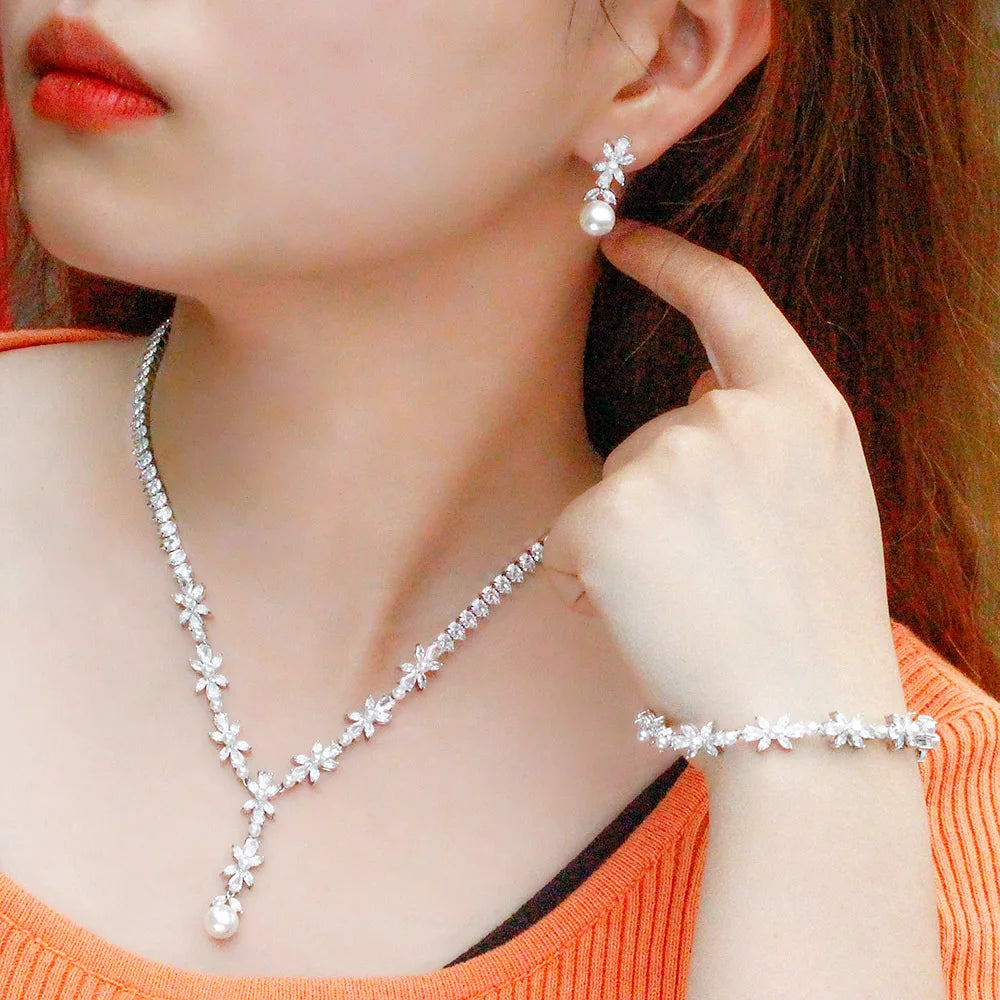 3 Pcs Silver Plated Marquise Cut CZ Crystal Wedding Jewelry Set Flower Pearl Pendants Necklace Bracelet and Earrings for Women