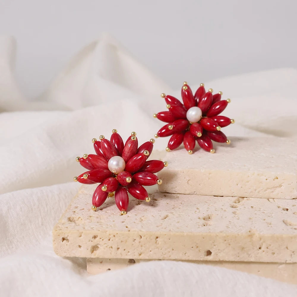 Natural Red Coral Stone Flower Freshwater Pearl Earrings Korean Style Women Luxury Jewelry Fashion Ladies and Girls Gift GE1536