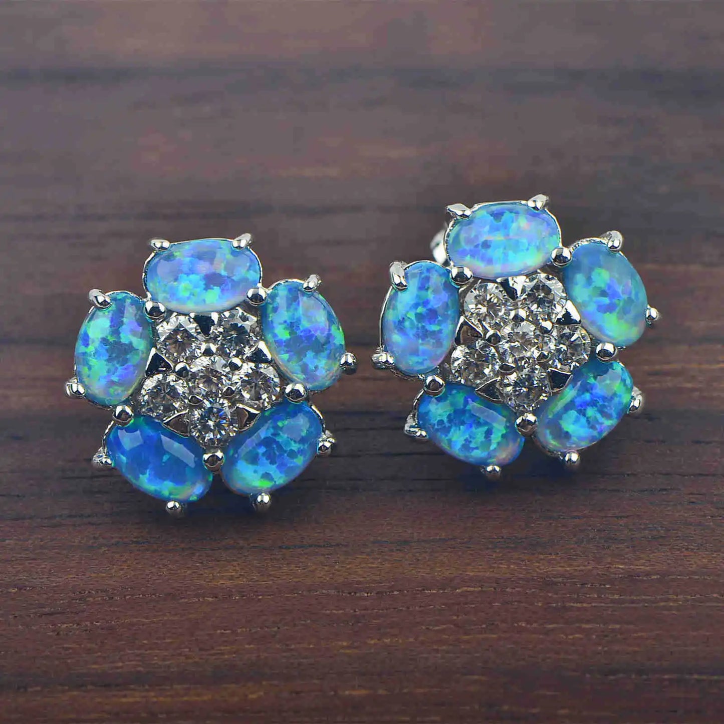 TikTok  Bestselling Five-Flower Blue Opal Studs  Cute Floral Earrings for Girls Trendy Gem Jewelry Wholesale