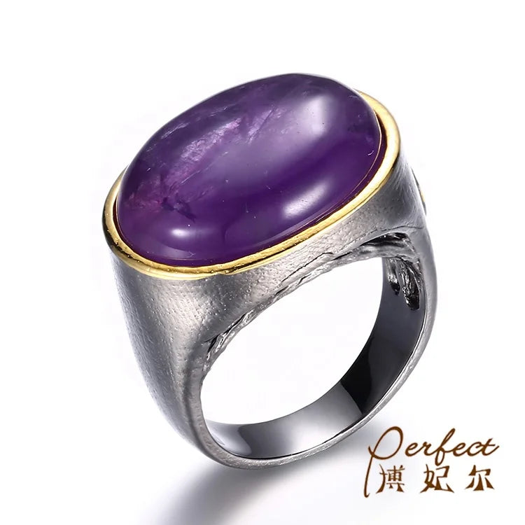 Big Amethyst Stone 925 Sterling Silver Latest Ring Design for Girls