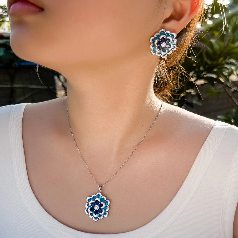 Art Deco Luxury Blue Cubic Zirconia Chunky Flower Shaped Earrings and Pendant Necklace Women Party Jewelry Sets