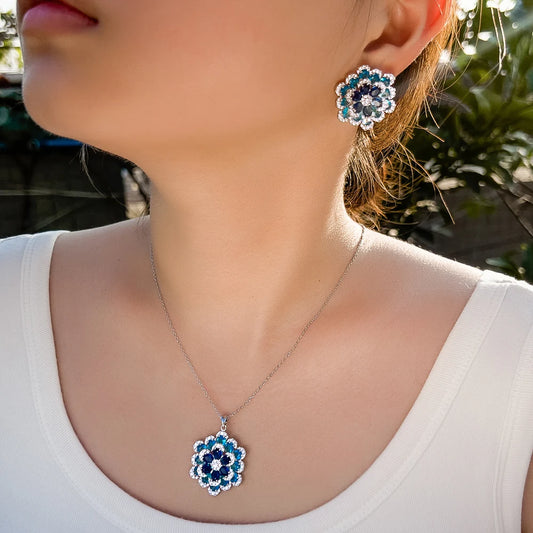 Art Deco Luxury Blue Cubic Zirconia Chunky Flower Shaped Earrings and Pendant Necklace Women Party Jewelry Sets