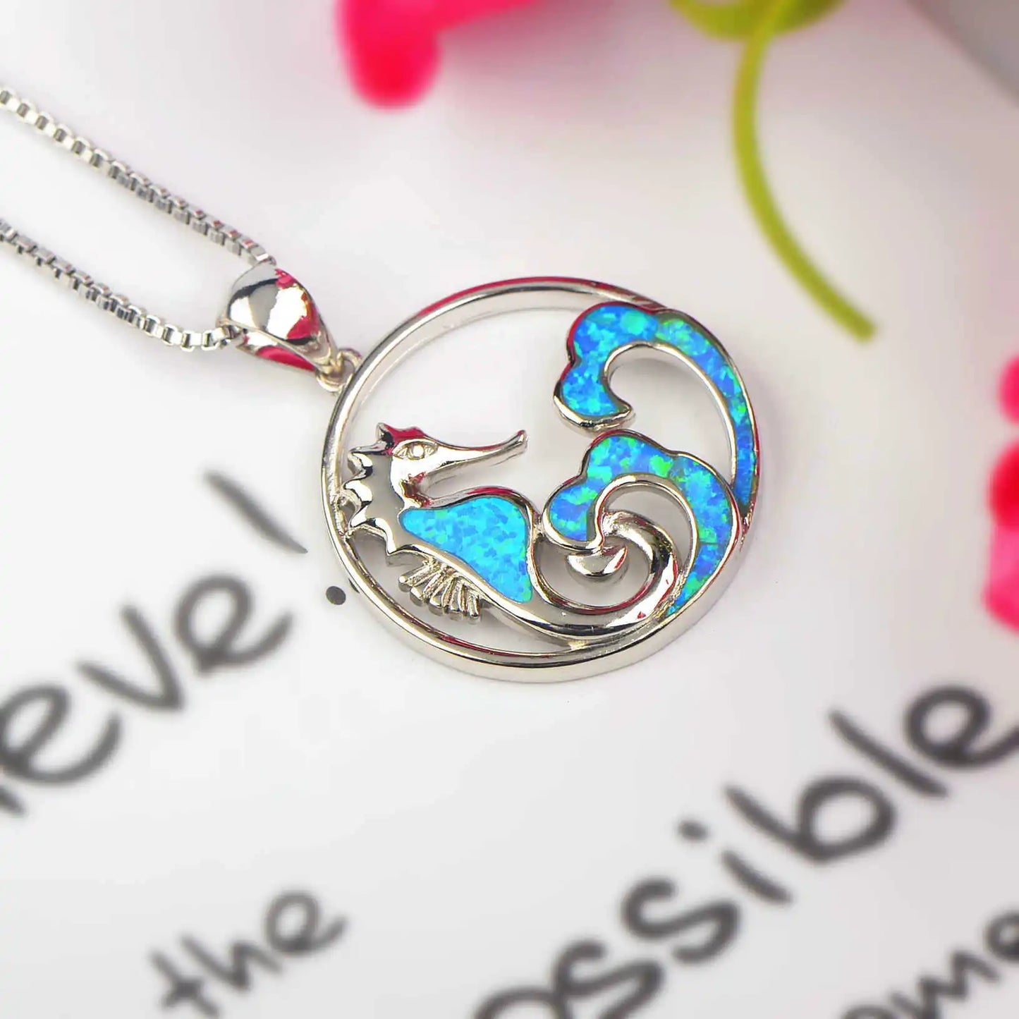 Aobao Christian Copper Link Chain Seahorse Opal Necklace Wave Pendant Sweater Chain