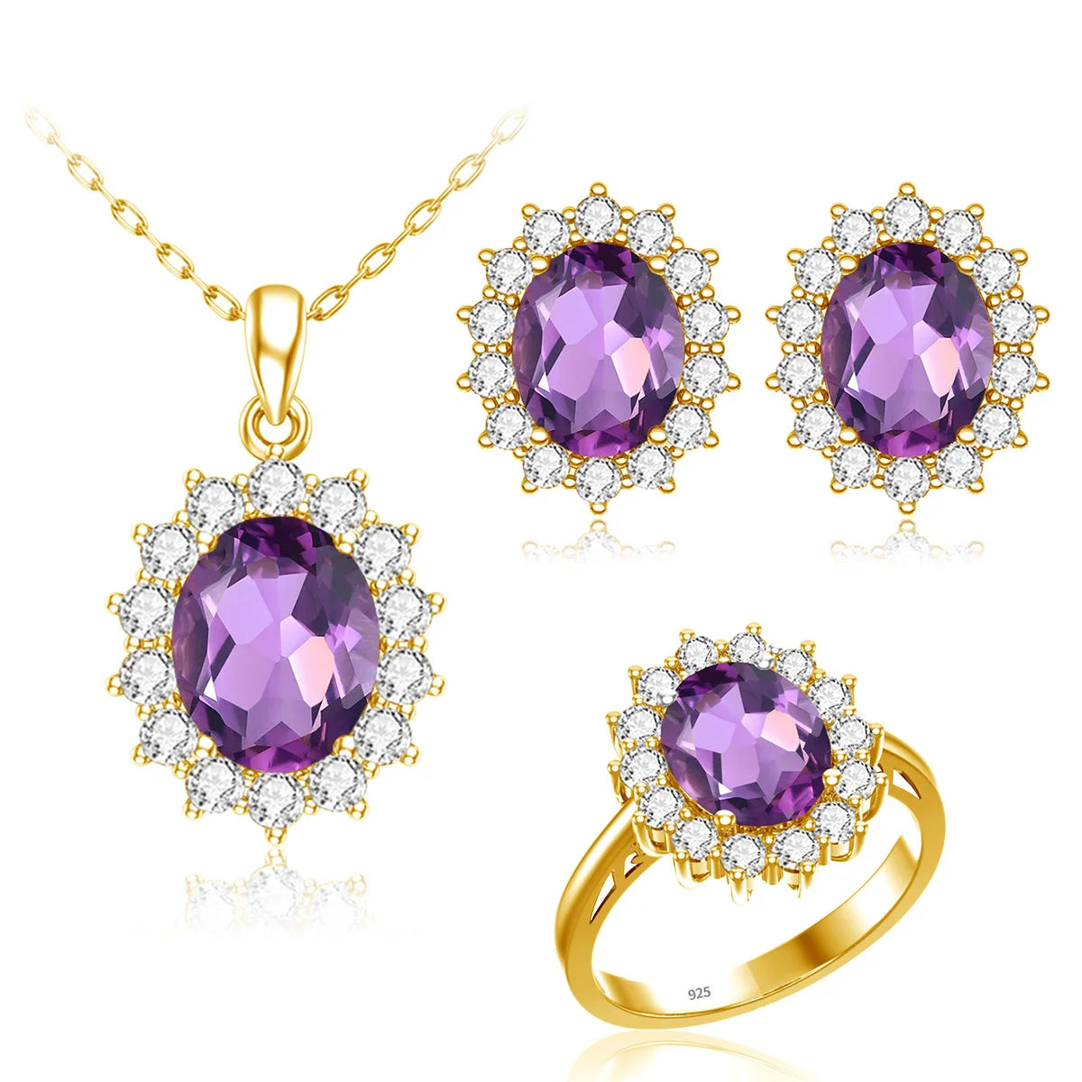 ArtistA 18K Gold Plated Opal Jewelry Sets Classic Princess Diana Style Ring Stud Necklace Wedding Silver Jewelry Set