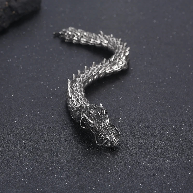 KALEN 210mm Men Punk Stainless Steel Links Bracelet With Vivid Chinese Dragon Head Clasp