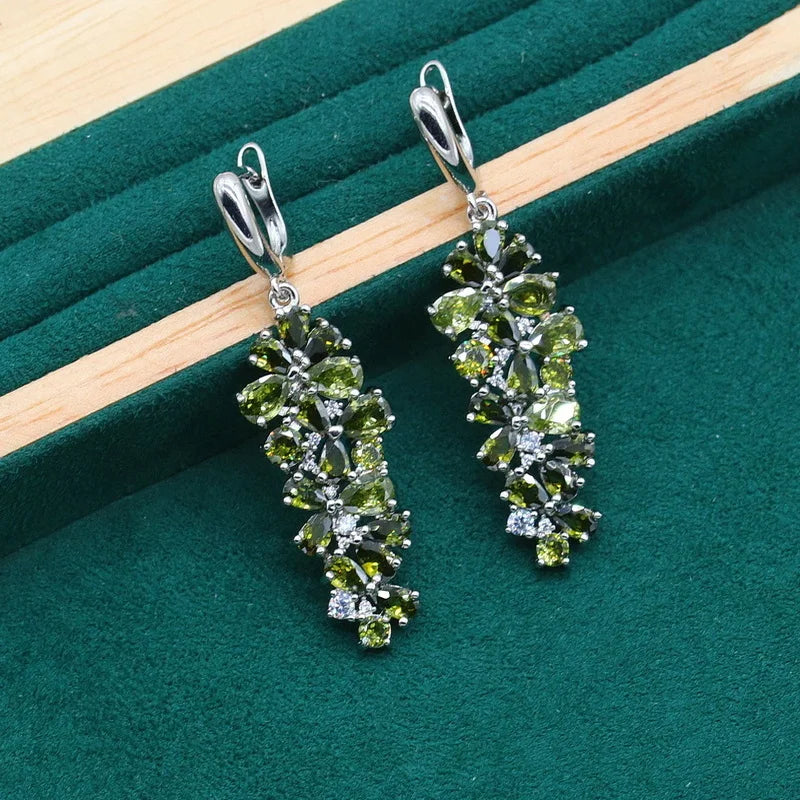 XOTICA 925 Silver Jewelry Set for Women Classic Style Olive Green White Zircon Earrings Necklace Engagement Wedding Christmas Gift