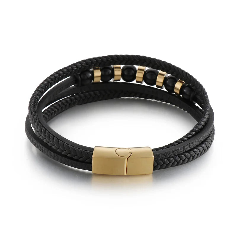 KALEN Men Casual 210mm Braided Leather Bracelet With Stainless Steel Beads