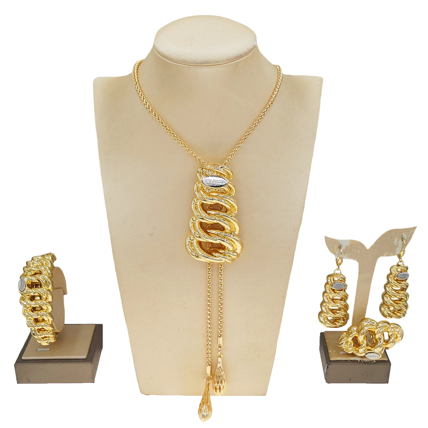 Zhuerrui Modern Elegant Series Gold-plated Jewelry Set Interlocking Tassel Pendant African Noble Wedding Ring BraceletHK013522