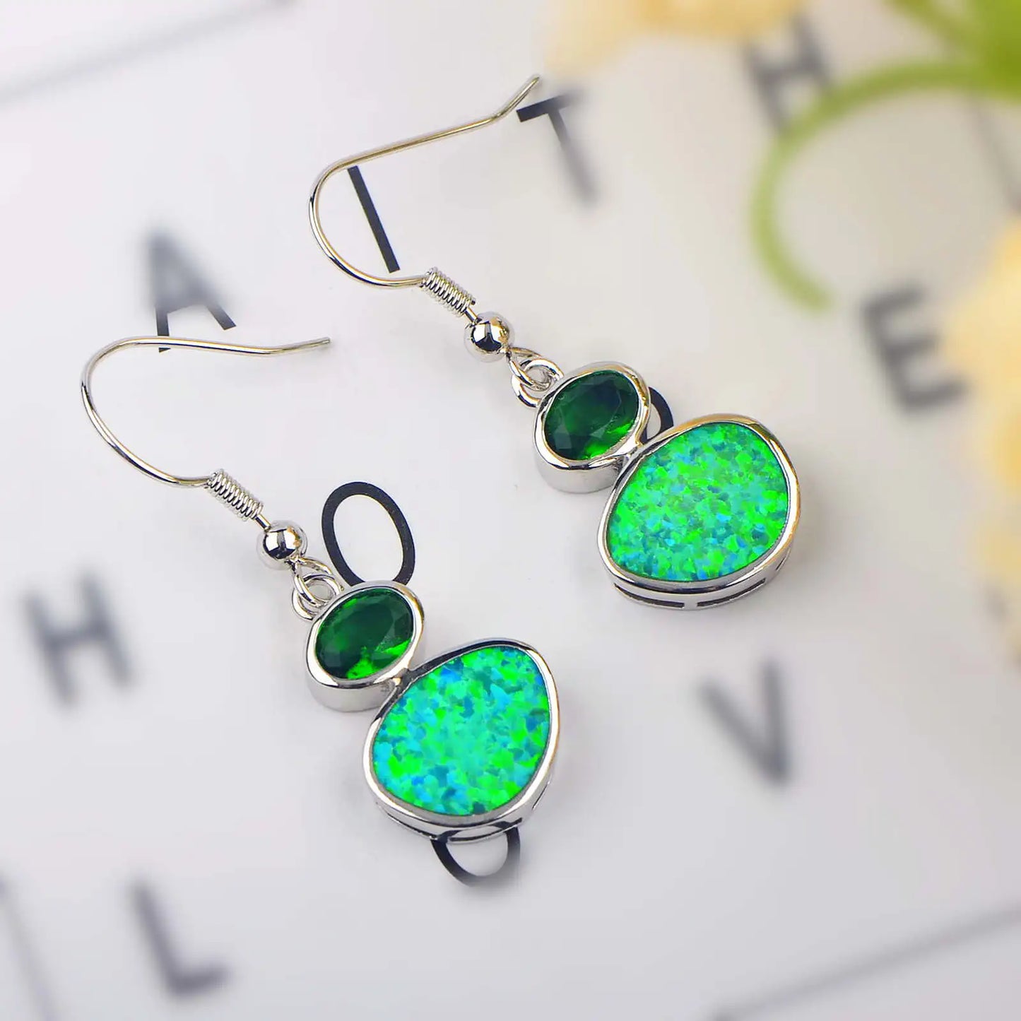 Retro Green Australian Opal Earrings  High-Grade Euro-Style Sparkling Earrings