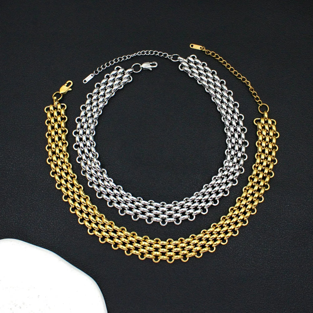 REBEL Hip Hop Fashion Jewelry Sets 18K Gold Stainless Steel Multilayer Woven Wide Chain Necklace and Bracelet Jewelry Sets for Women