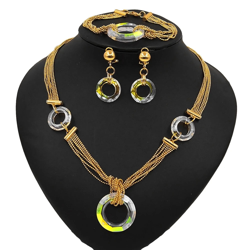 Zhuerrui Dubai Crystal Color Changing Jewelry Set Necklace Bracelet Earrings Ring Four Piece Jewelry Sets Women Wedding Party