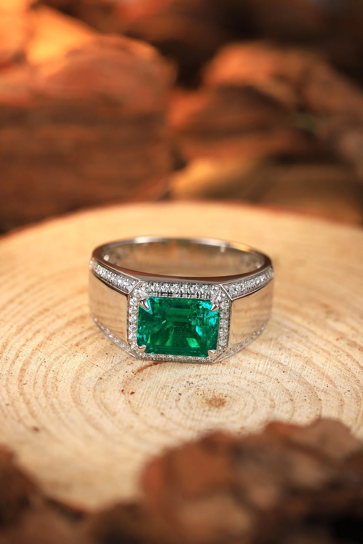 Gemfiori New 925 Sterling Silver Rhodium Plated Lab Grown Emerald Cut Ring Unisex Trendy Engagement Wedding Anniversary Gift Jewelry