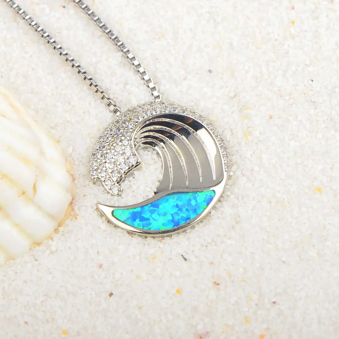 Aobao Trendy Christian Ins-style Hawaiian Blue Opal Wave Necklace Silver Plated Sweater Chain Pendant