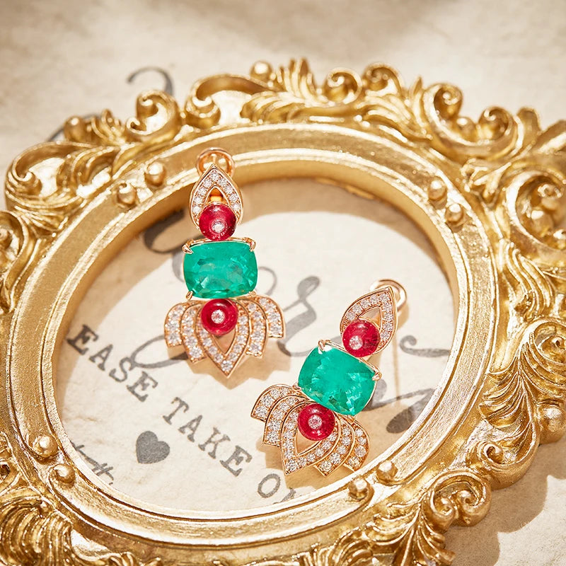 Enamel Craft Women's Two-piece Brass Necklace Earrings Inlaid with Colorful Leaves Design  Not Easily Oxidized  Perfect Zircon