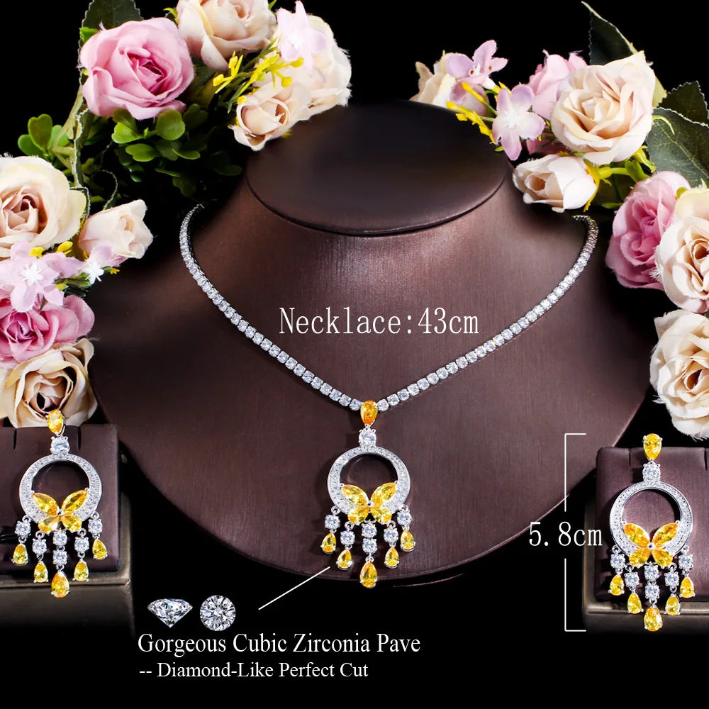 Shimmering Noble Green Cubic Zirconia Chandelier Tassel Drop Big Necklace and Earrings Nigerian Women Prom Wedding Jewelry Set