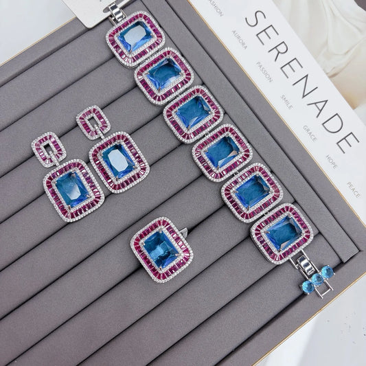 TIANSHE Grace Jewelry Unique High End Luxury Brass Blue Zircon Crystal Bracelet Earrings Rings 3pcs Set