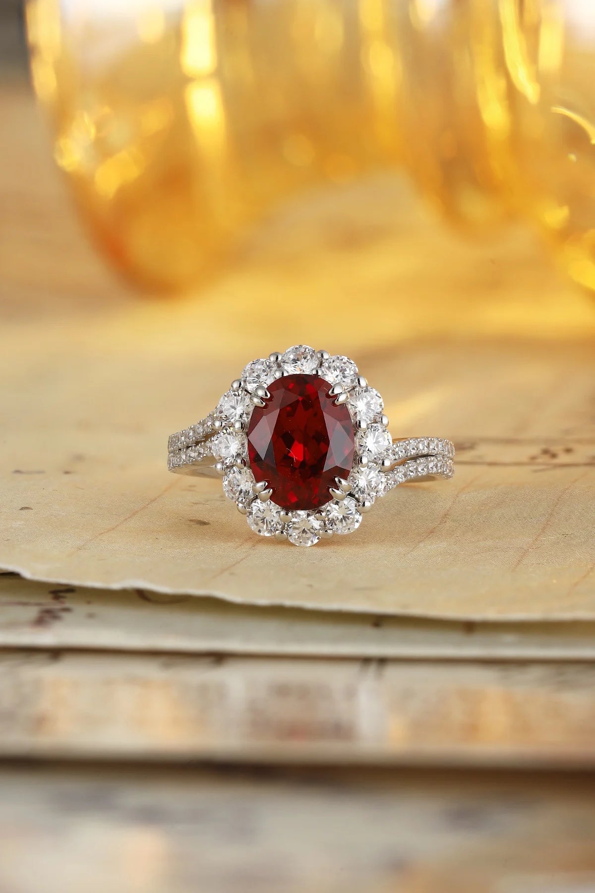 Gemfiori New Trendy Vintage Luxury Lab Grown Ruby Rings for Women Rhodium Plated Sterling Silver 925 Wedding & Anniversary Custom