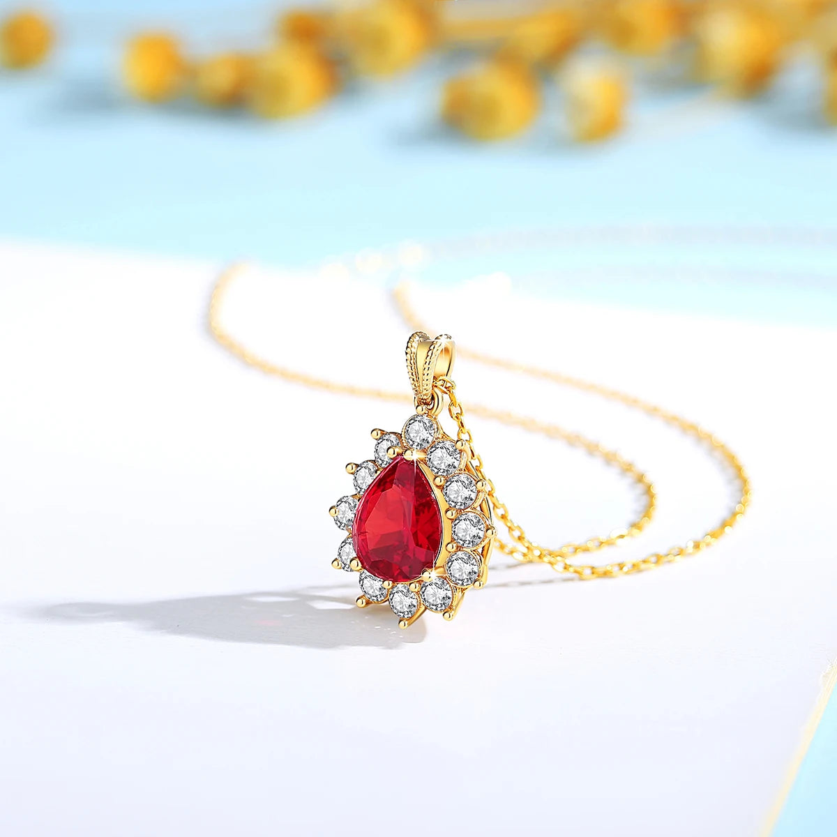 Gioiellieri European Royal High Jewelry Cute Style Engagement Wedding Woman Gold Plated Flower Shape Ruby Pendant