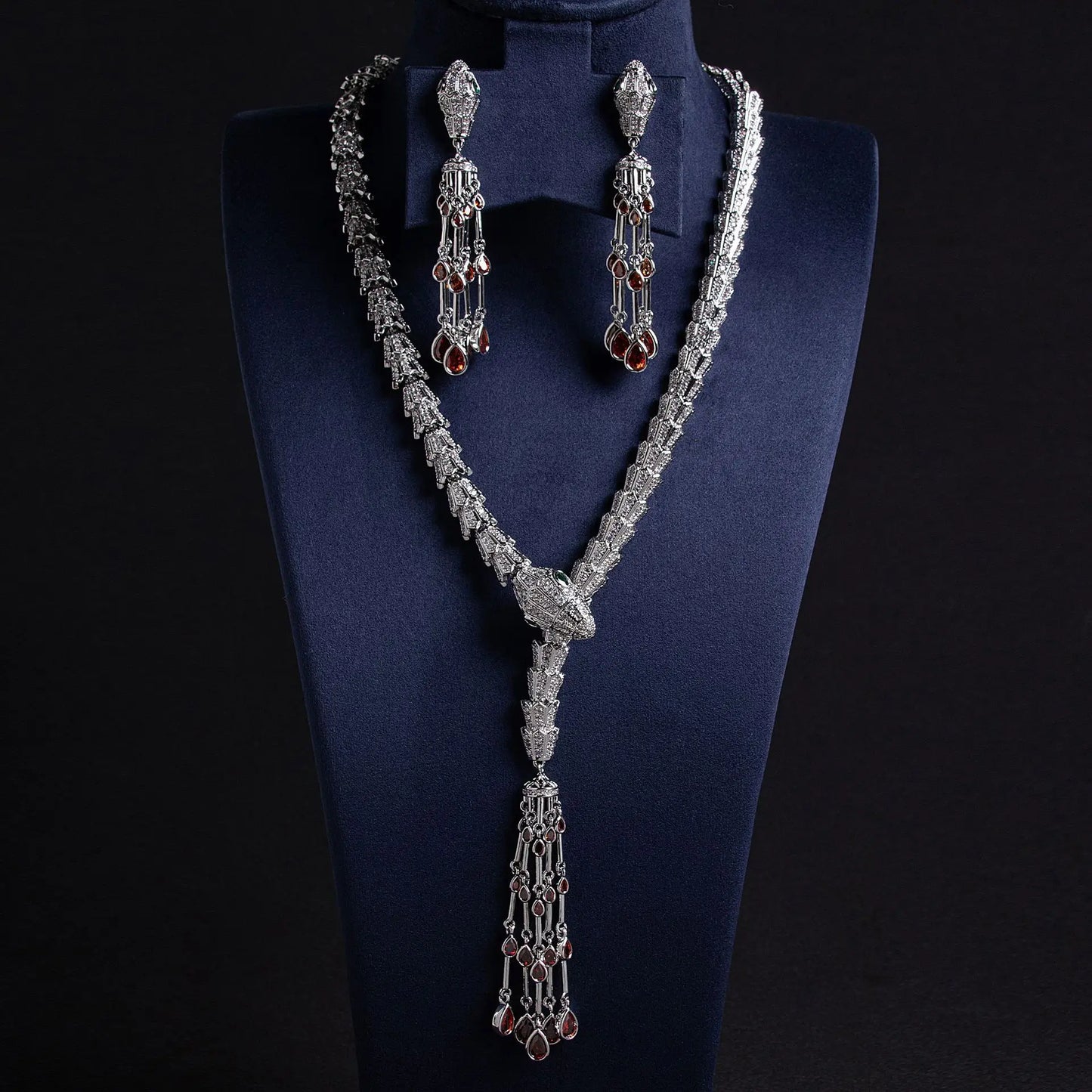 Luxury Pear-Cut Zirconia Snake Tassel Necklace & Earrings Bridal Set — Rhodium Plated