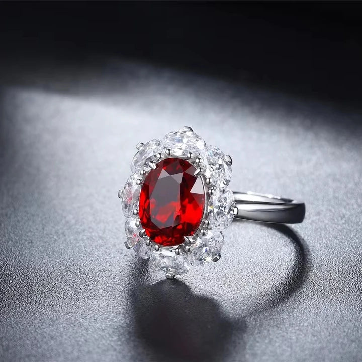 Gemfiori Anster Oval Cut Lab Made Diamonds and Ring S925 Sterling Silver Lab Created Ruby Women Ring