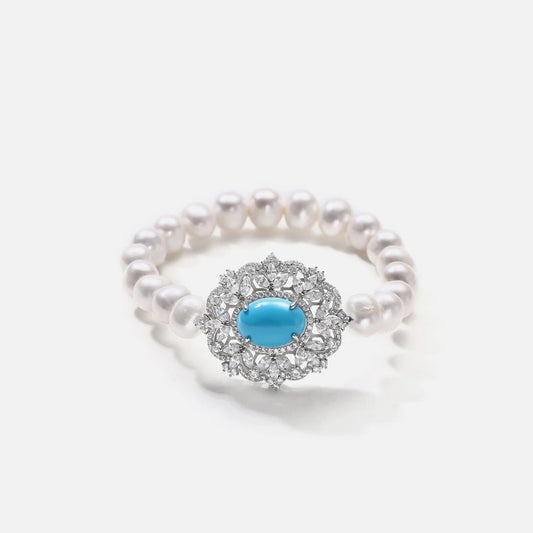 Silverelli | 925 Silver Pearl & Blue Turquoise Bracelet | 18K Gold Plated | Claw Setting