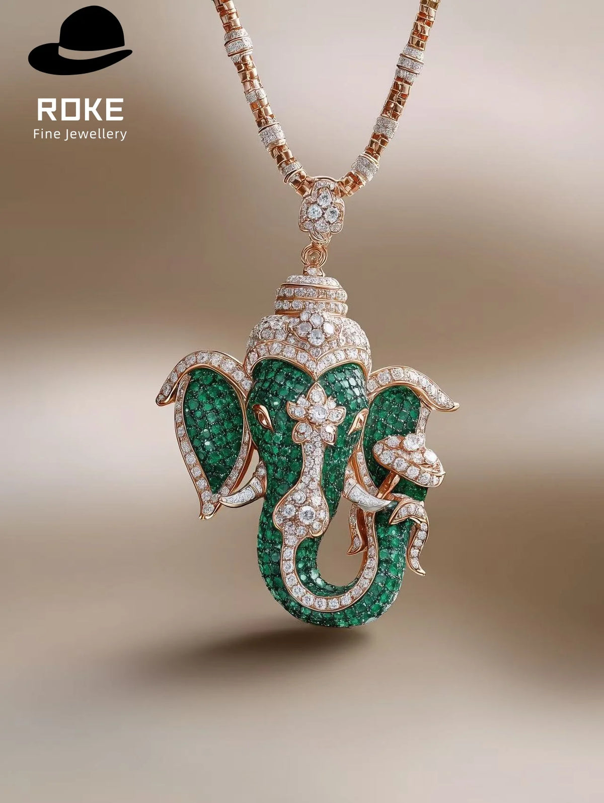 Luxury Ganesha Pendant 9K-18K Gold W/ Tsavorite & Lab Diamonds - IGI Certified Cultural Jewelry