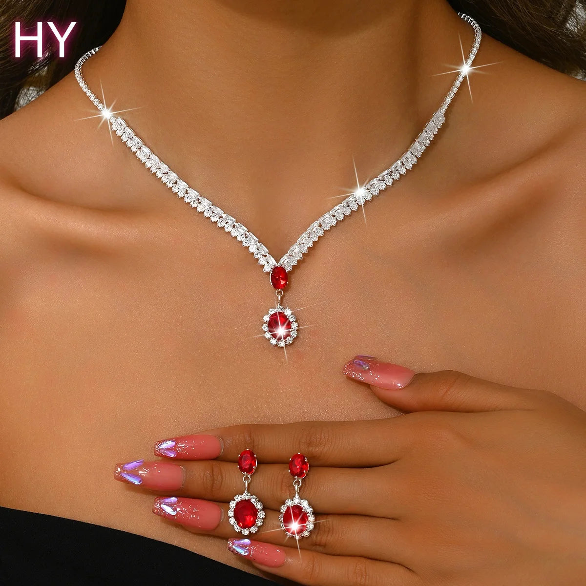 HY Women's European American Style Light Luxury Teardrop Zircon Alloy Electroplated Necklace Earring Two-Piece Jewelry Set
