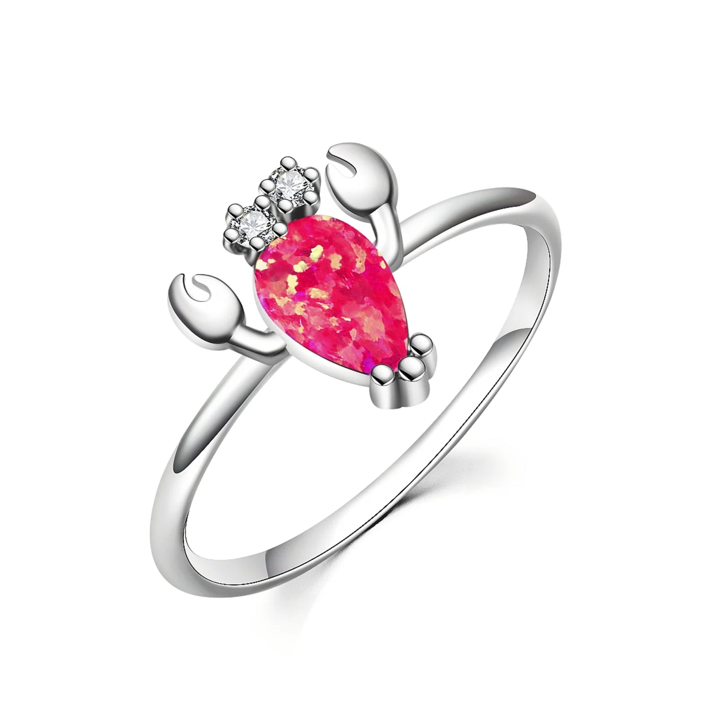Cute Crab Shape Opal Ring | Red Iridescent Gemstone & Zircon Accent | Animal Jewelry for Women Trendy Daily Wear