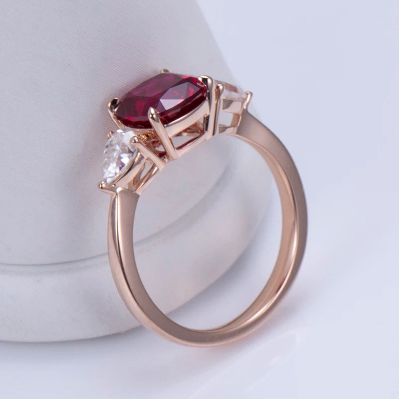Messi Jewelry MSR-1188 Custom 18K Rose Gold Lab Ruby Three Stone Wedding Ring for Women