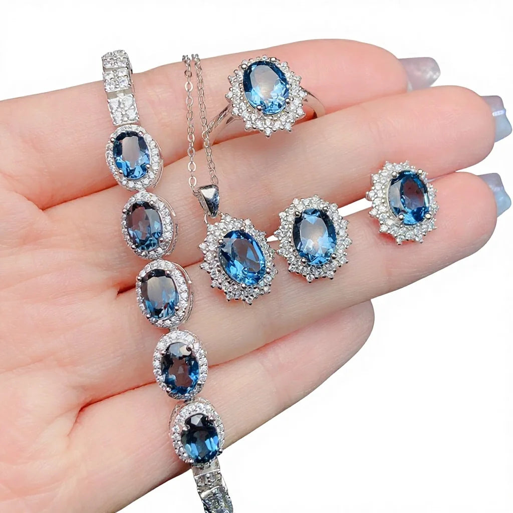 S&S Natural London Blue Topaz Jewellery Set – 925 Sterling Silver – Ring, Pendant & Earrings – Collection