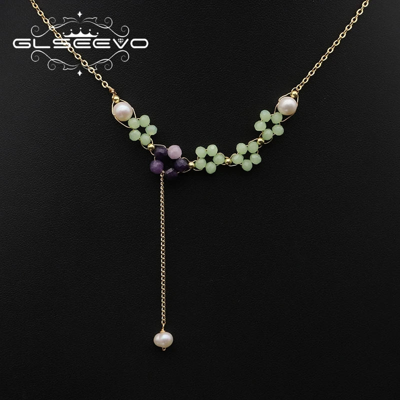 Natural Freshwater Pearl Amethyst Green Jade Flower Pendant Necklace Gold Plated Chain Beaded Trendy Necklace Women's Jewelry