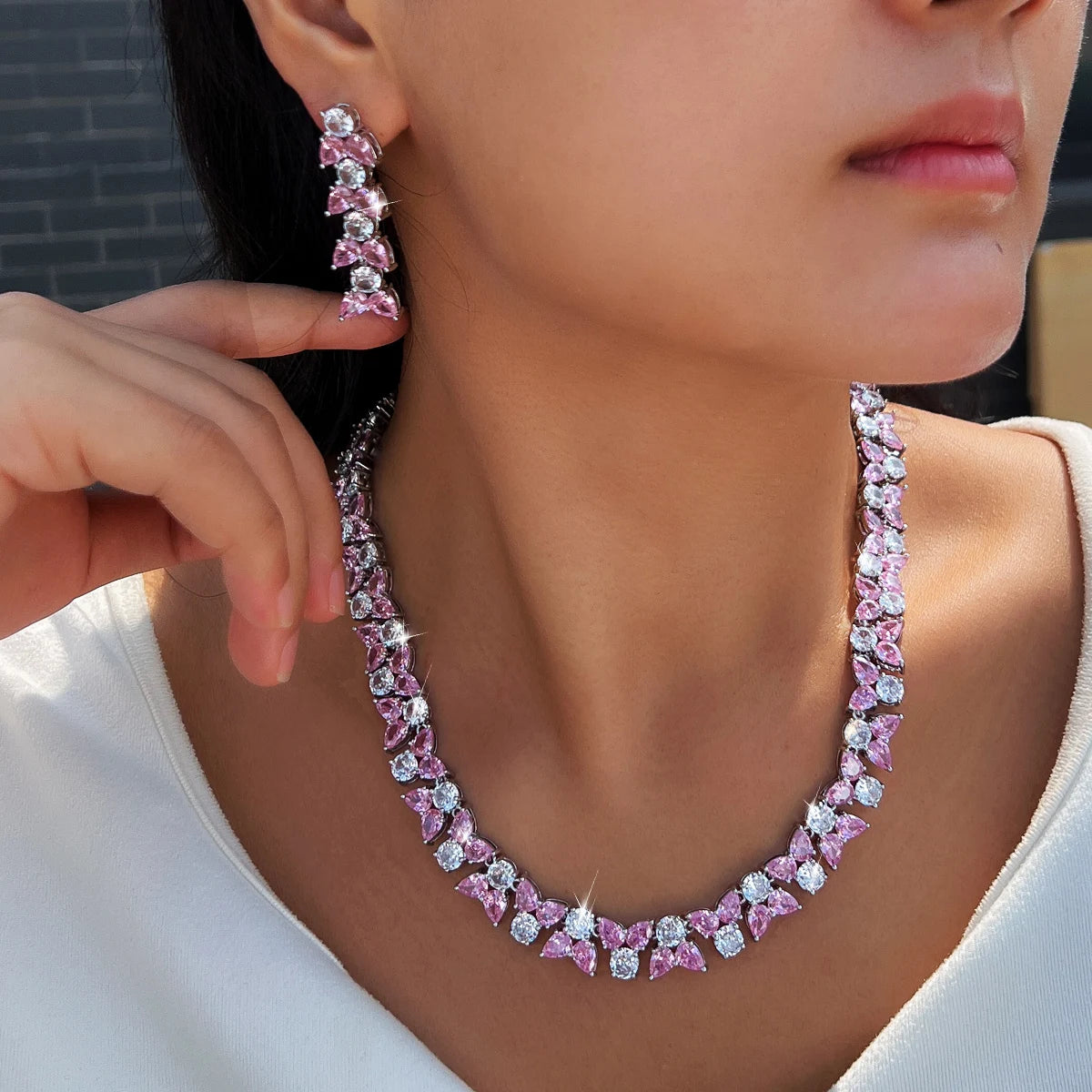 Exquisite Jewelry Set Rhodium Plated Pink White CZ Zircon Necklace Earrings Jewelry Set for Brides Women Unique Designer Party