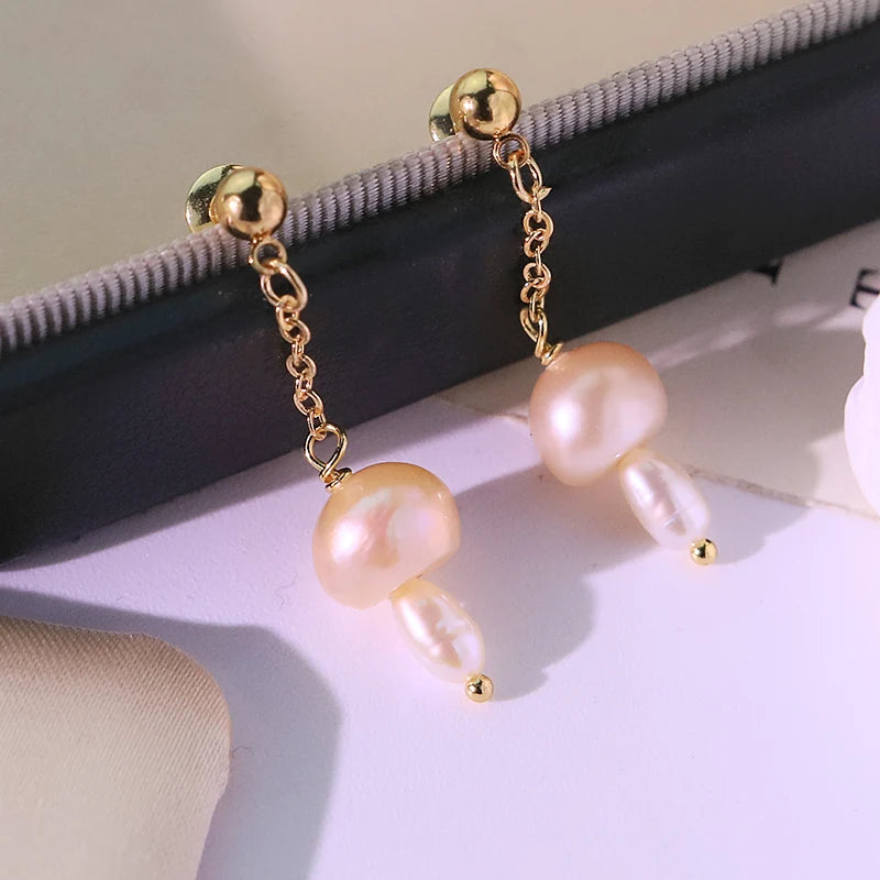 Natural Freshwater Pearl Mushroom Earrings Handmade Design Earrings Gift Banquet Wedding Women's Jewelry GE1813