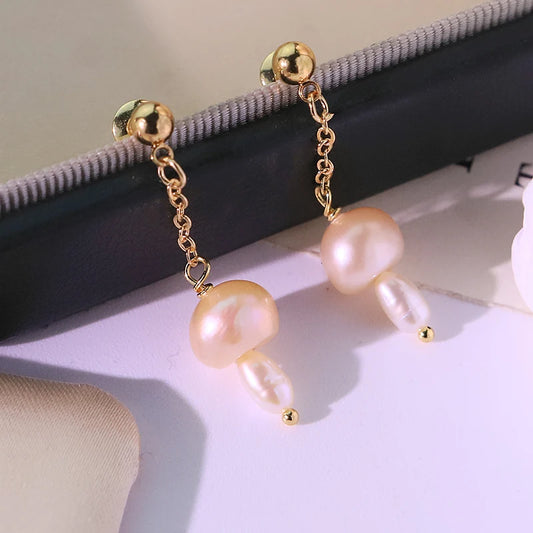 Natural Freshwater Pearl Mushroom Earrings Handmade Design Earrings Gift Banquet Wedding Women's Jewelry GE1813