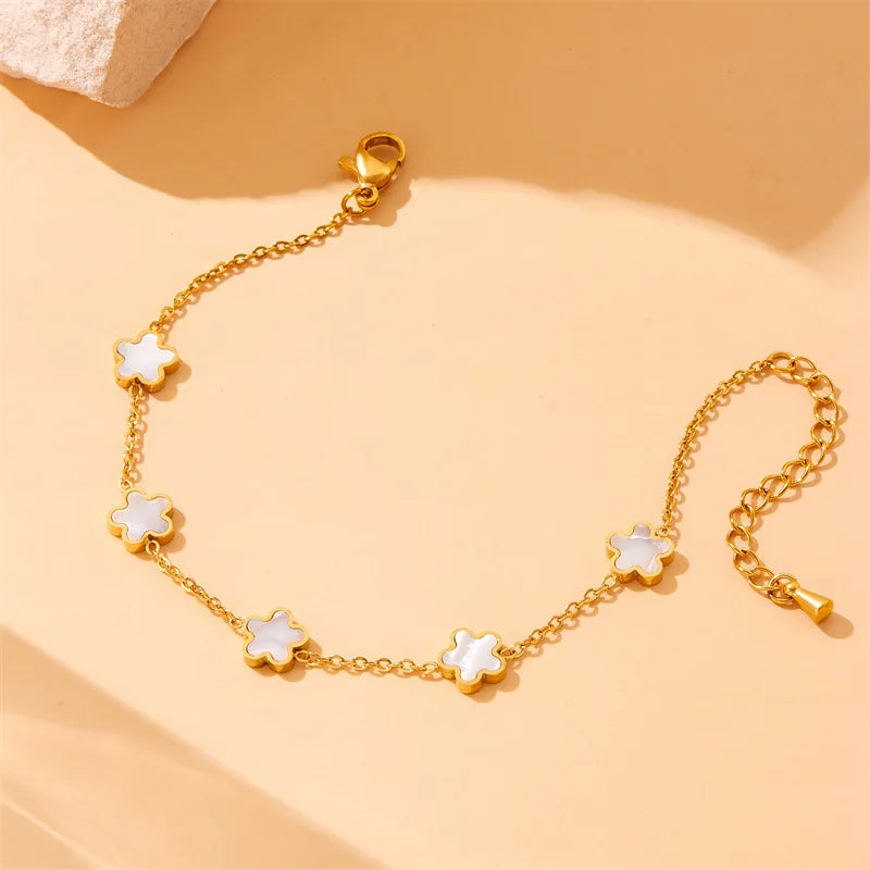 Gold White Flower Necklace, Earrings & Bracelet Jewellery Set | Feminine Fashion Set