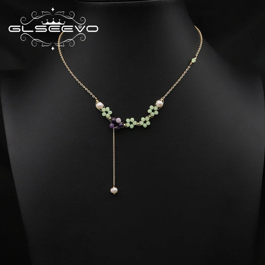 Natural Freshwater Pearl Amethyst Green Jade Flower Pendant Necklace Gold Plated Chain Beaded Trendy Necklace Women's Jewelry