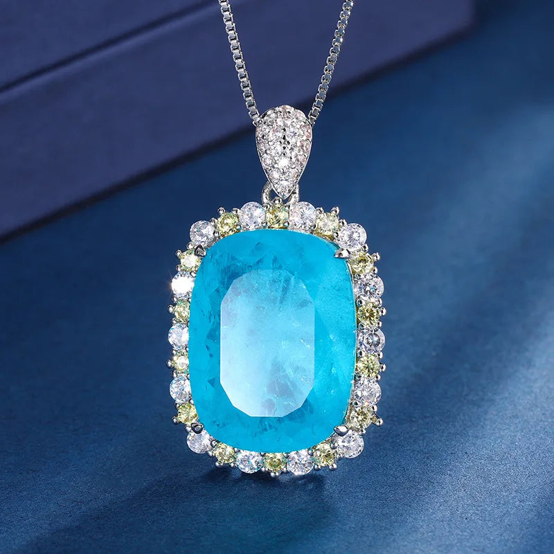 Gemfiori Light Luxury Niche Design with Inlaid Blue Zircon Wedding Set Pendant Earring Bridal Jewelry Accessories