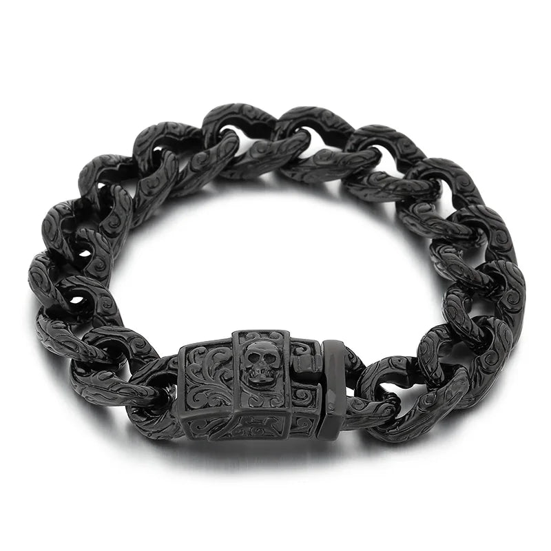 REBEL 220mm Men Punk Black Stainless Steel Skull Charms Cuban Links Bracelet