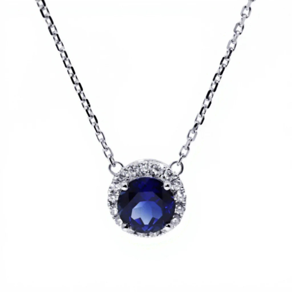 Gemfiori Tianyu Gems Solid Gold Pendant Necklace Ladies 6mm Lab Grown Blue Sapphire 1.2mm VVS Moissanite Choker Pendant Necklace 14K