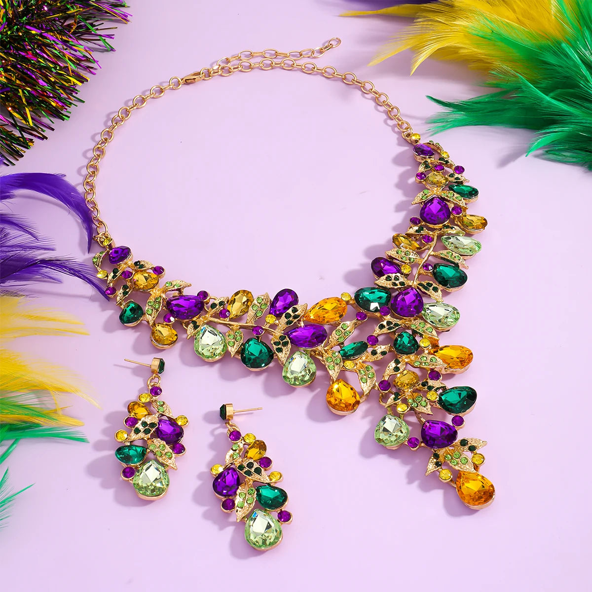 S&S Rhinestone Flower Necklace & Earring Set | Purple | Gold Plated
