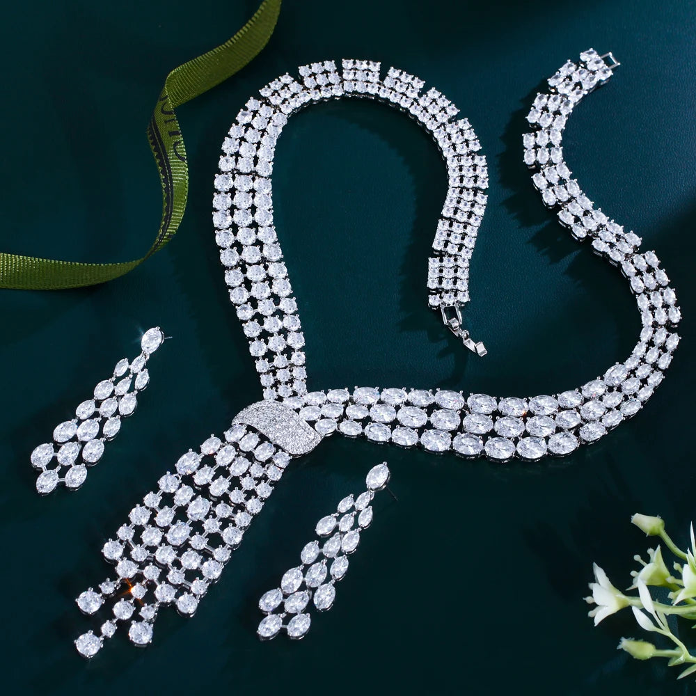 Super Shiny Luxury Cubic Zirconia Long Big Earrings and Necklace Set Party Wedding Bridal Jewelry Set for Women Jewellery