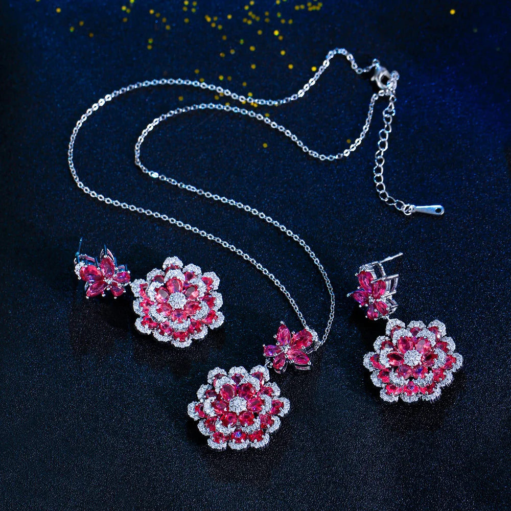 Fashion Indian Styles Red and White Cubic Zirconia Big Flower Earrings and Pendant Necklace Jewelry Set for Women Party Wedding