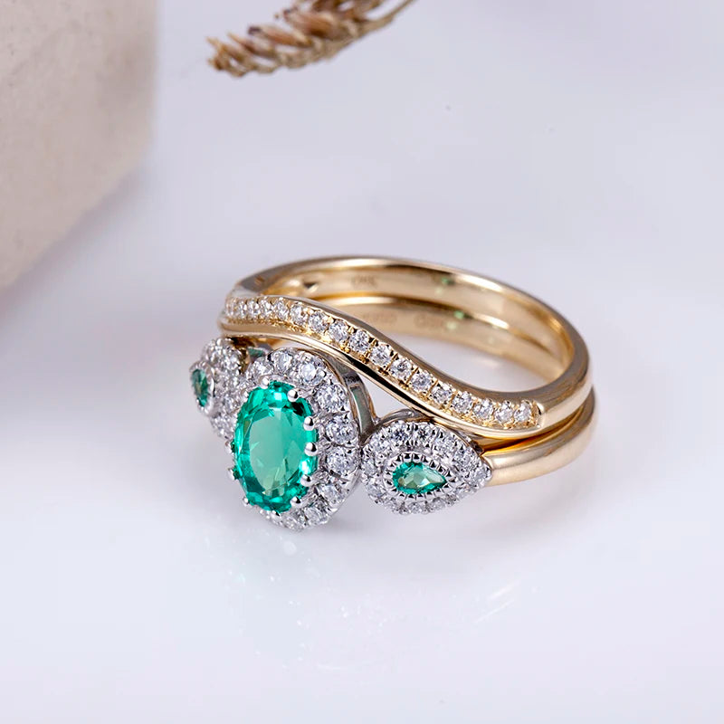 Messi Jewelry  MSR-1048 9K Yellow Gold PT950 Oval Lab Emerald Ring Set Stackable Rings