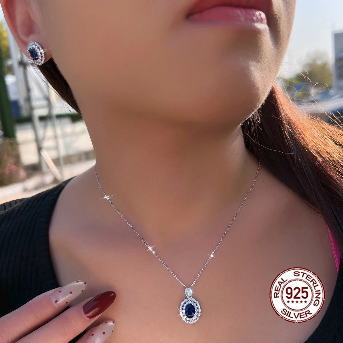 Vintage Style Royal Blue Cubic Zirconia 925 Solid Silver Necklace and Earring Set for Ladies Wedding Engagement Fine Jewelry Set