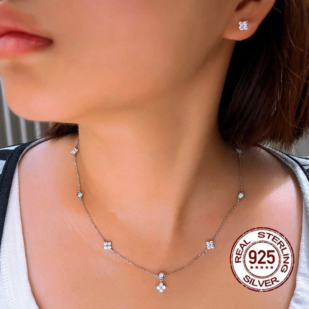 Sparkly White Flowers Shaped Cubic Zirconia S925 Sterling Silver Jewelry Set for Women Datings Wear Birthday Valentine's Gifts