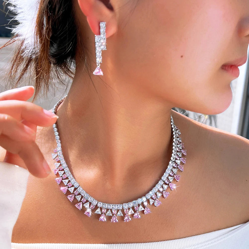 Shinning Triangle Shape Cubic Zirconia White and Pink Luxury Jewelry Set for Women Gathering Party Necklace and Earrings Set