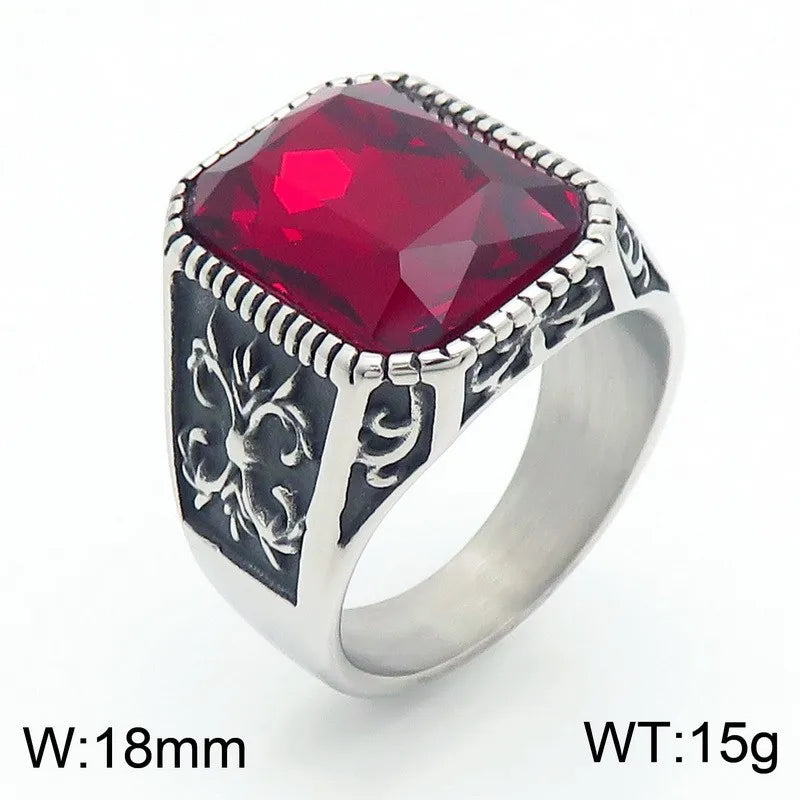 Kalen Vintage Viking Jewelry Luxury Court Style Gemstone Carved Zircon Inlays Stainless Steel Men Rings
