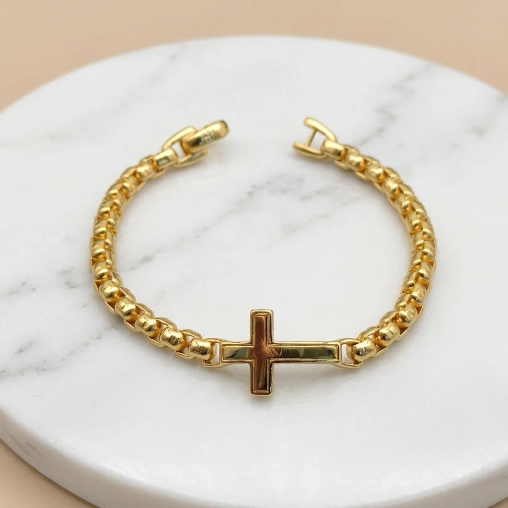 FASHIONISTA DY High-Quality Silver-Plated 5MM Box Chain Cross Bracelet, Gold-Plated 5mm Bracelet, Jewelry