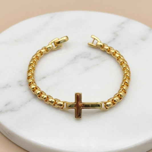 FASHIONISTA DY High-Quality Silver-Plated 5MM Box Chain Cross Bracelet, Gold-Plated 5mm Bracelet, Jewelry