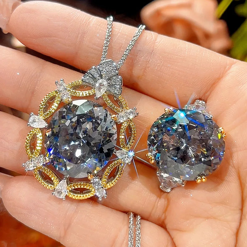 REDheart Copper Inlaid Zircon Gold-Plated Two-Color Line Trendy Pendant Flower Shape Women's Party Wedding Engagement Black Gray Brushed